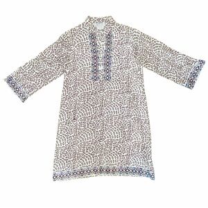 Sulu White/Brown Giraffe Print Silk Blend 3/4 Sleeve Caftan Tunic Mini Dress